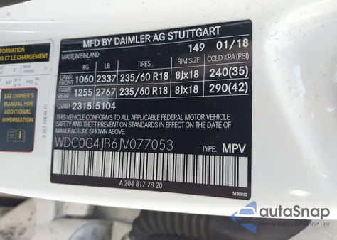 2018 Mercedes-Benz Glc 300 from USA, damaged, VIN WDC0G4JB6JV077053